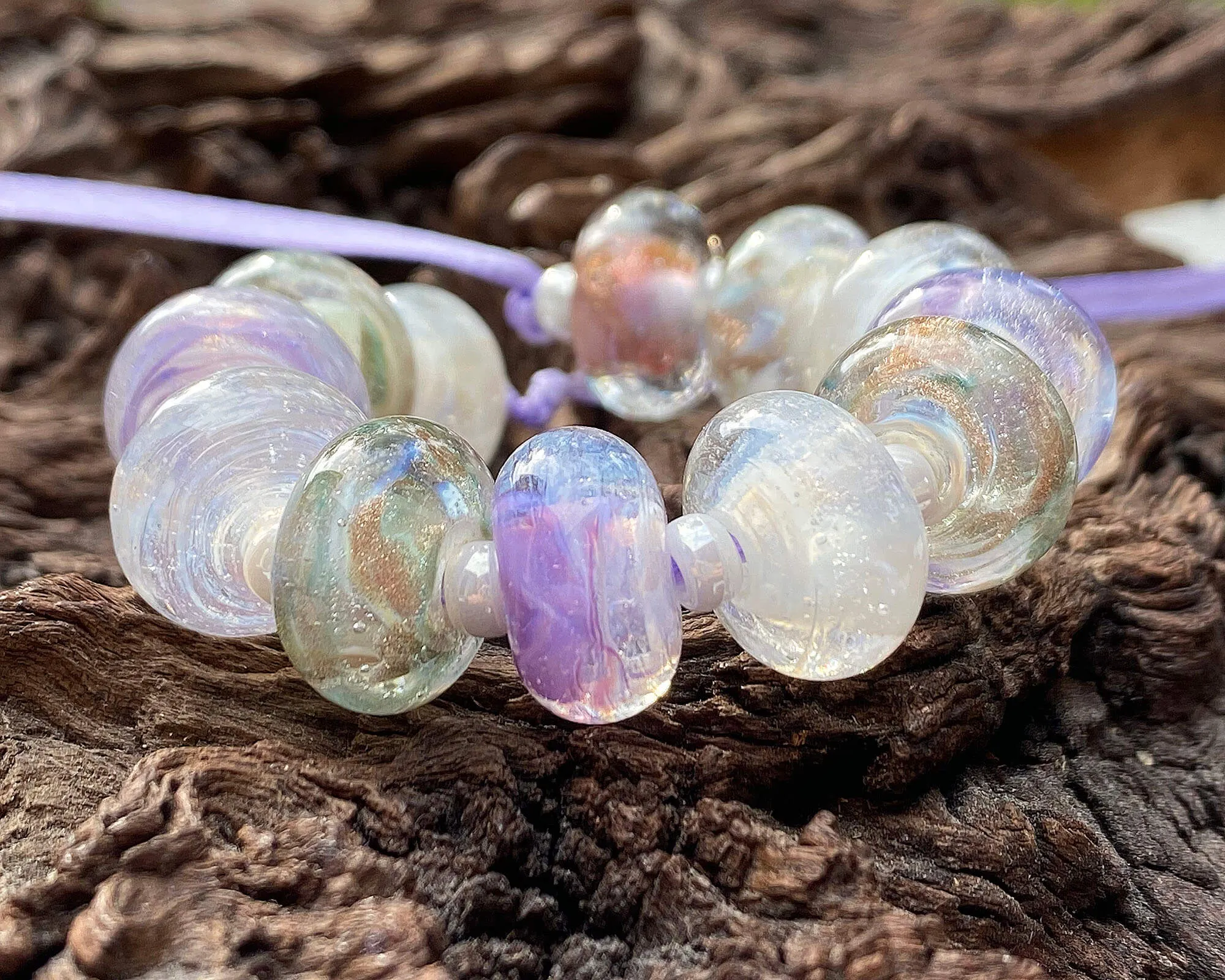 12 White Lavender Gold Lampwork Beads Set SRA