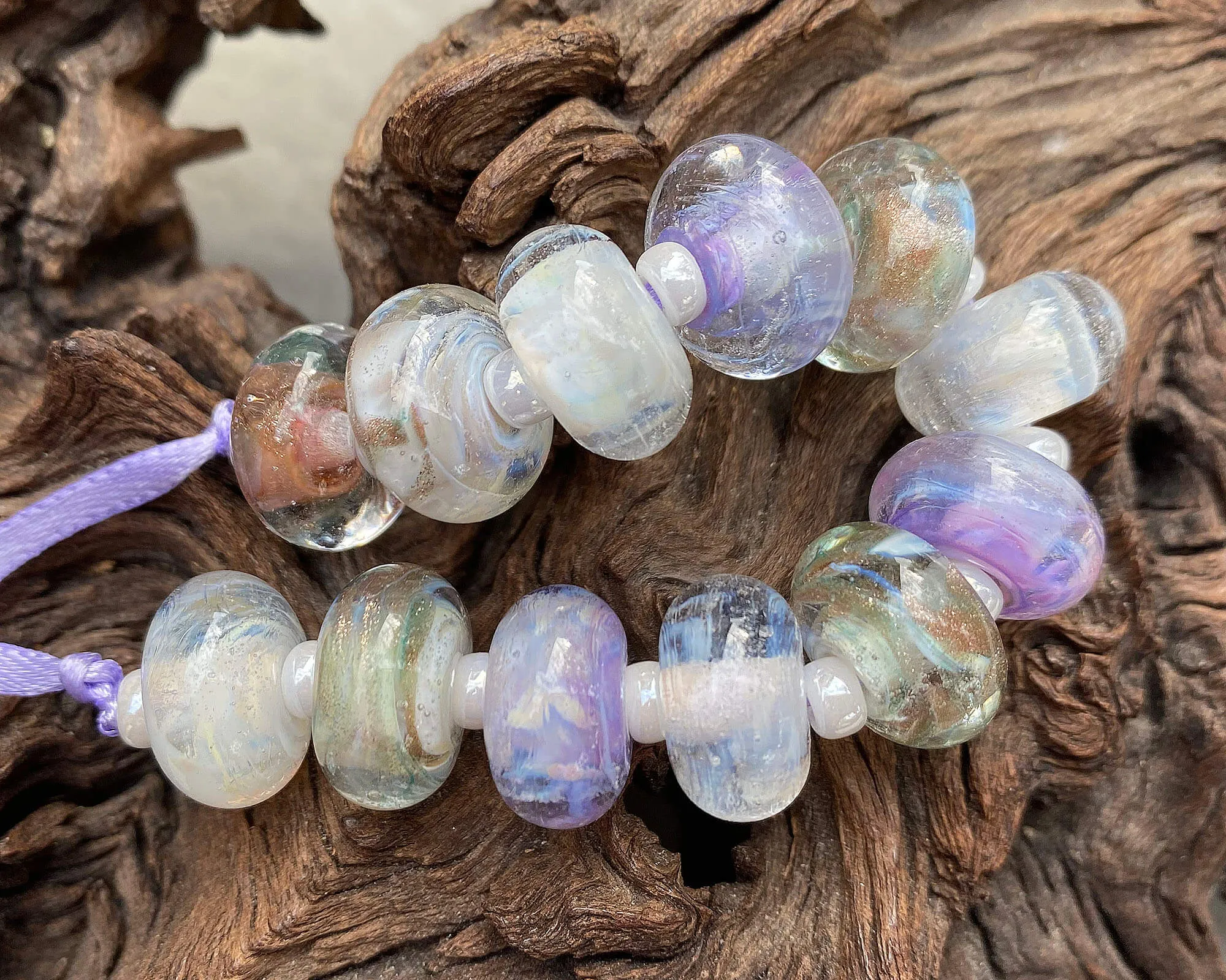 12 White Lavender Gold Lampwork Beads Set SRA