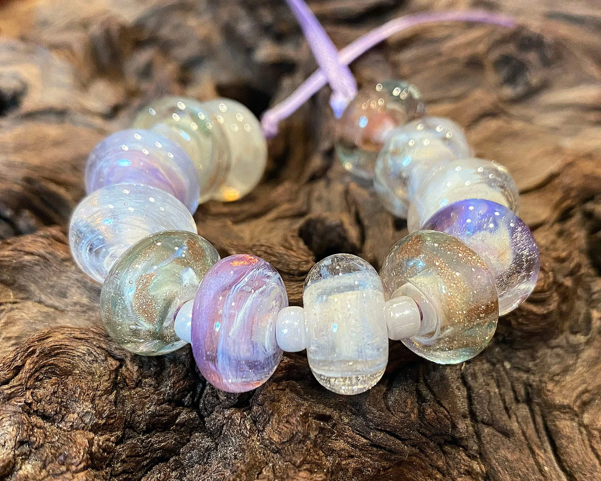 12 White Lavender Gold Lampwork Beads Set SRA