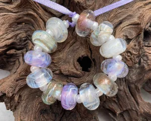12 White Lavender Gold Lampwork Beads Set SRA