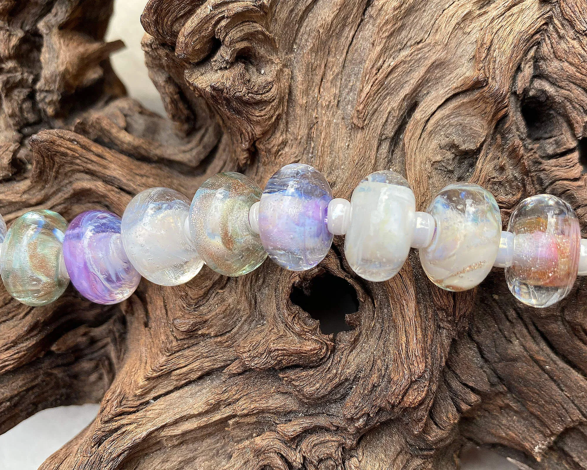 12 White Lavender Gold Lampwork Beads Set SRA