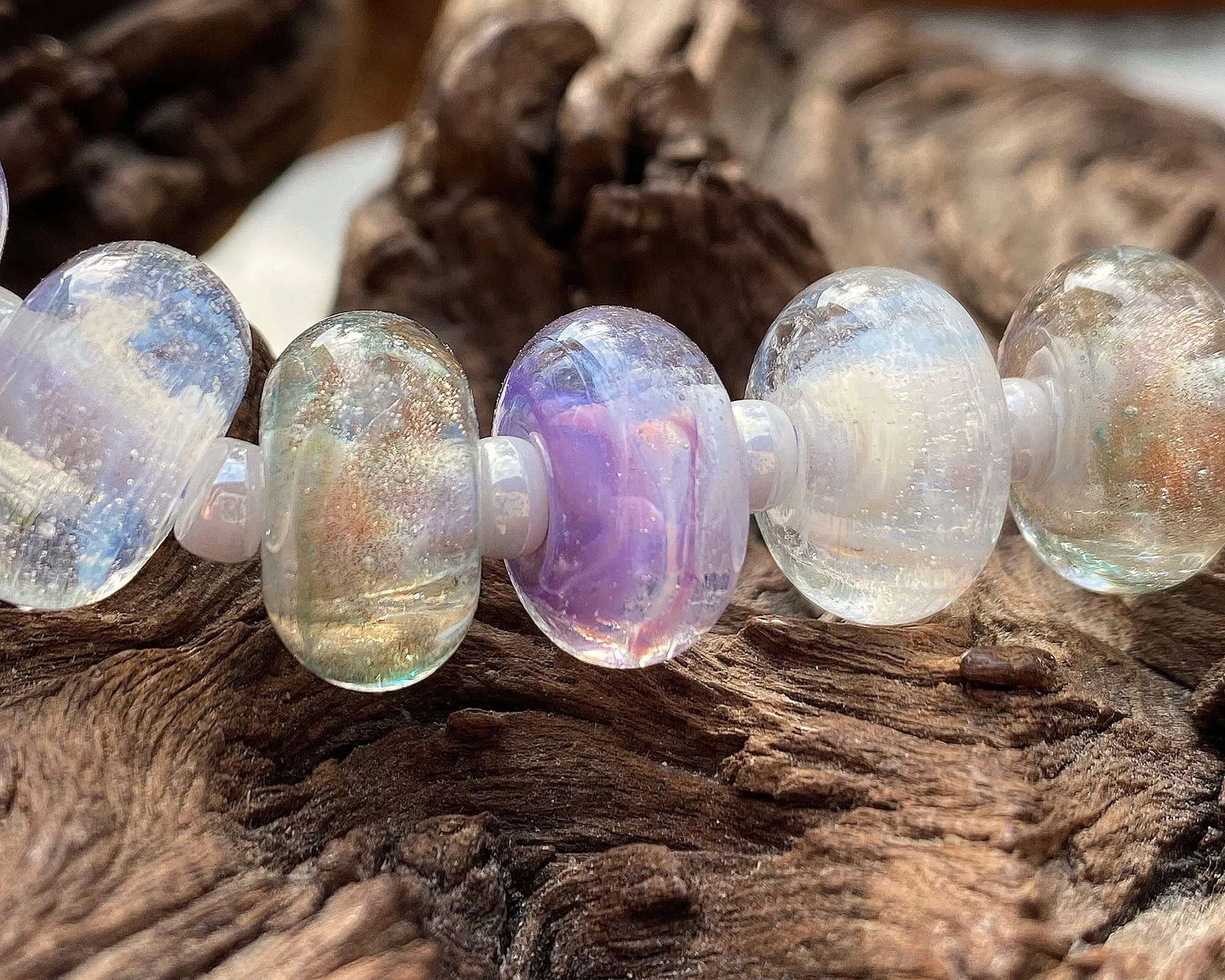 12 White Lavender Gold Lampwork Beads Set SRA