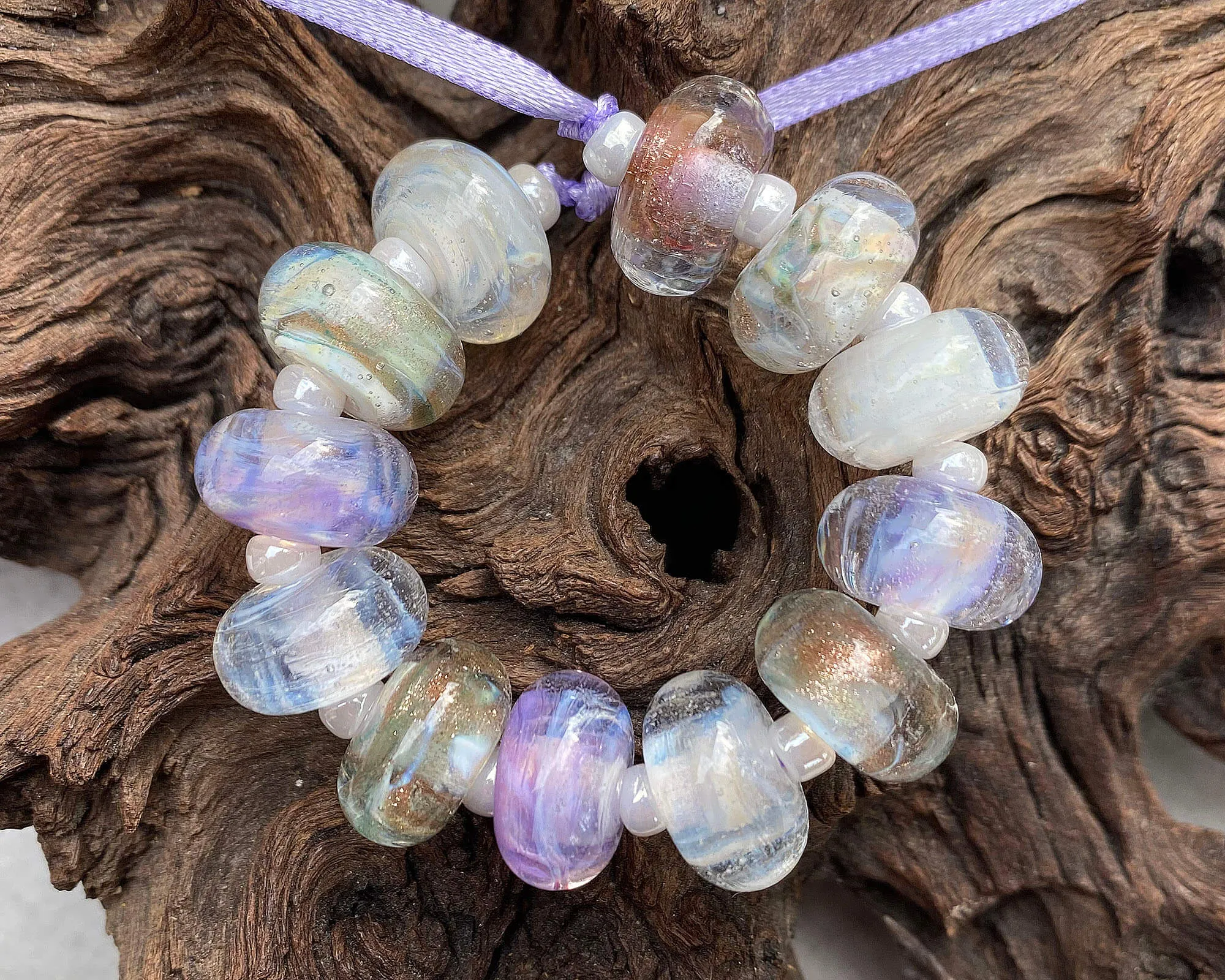 12 White Lavender Gold Lampwork Beads Set SRA