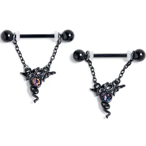 14 Gauge 9/16 Orange Gem Black Majestic Dragon Dangle Nipple Ring Set
