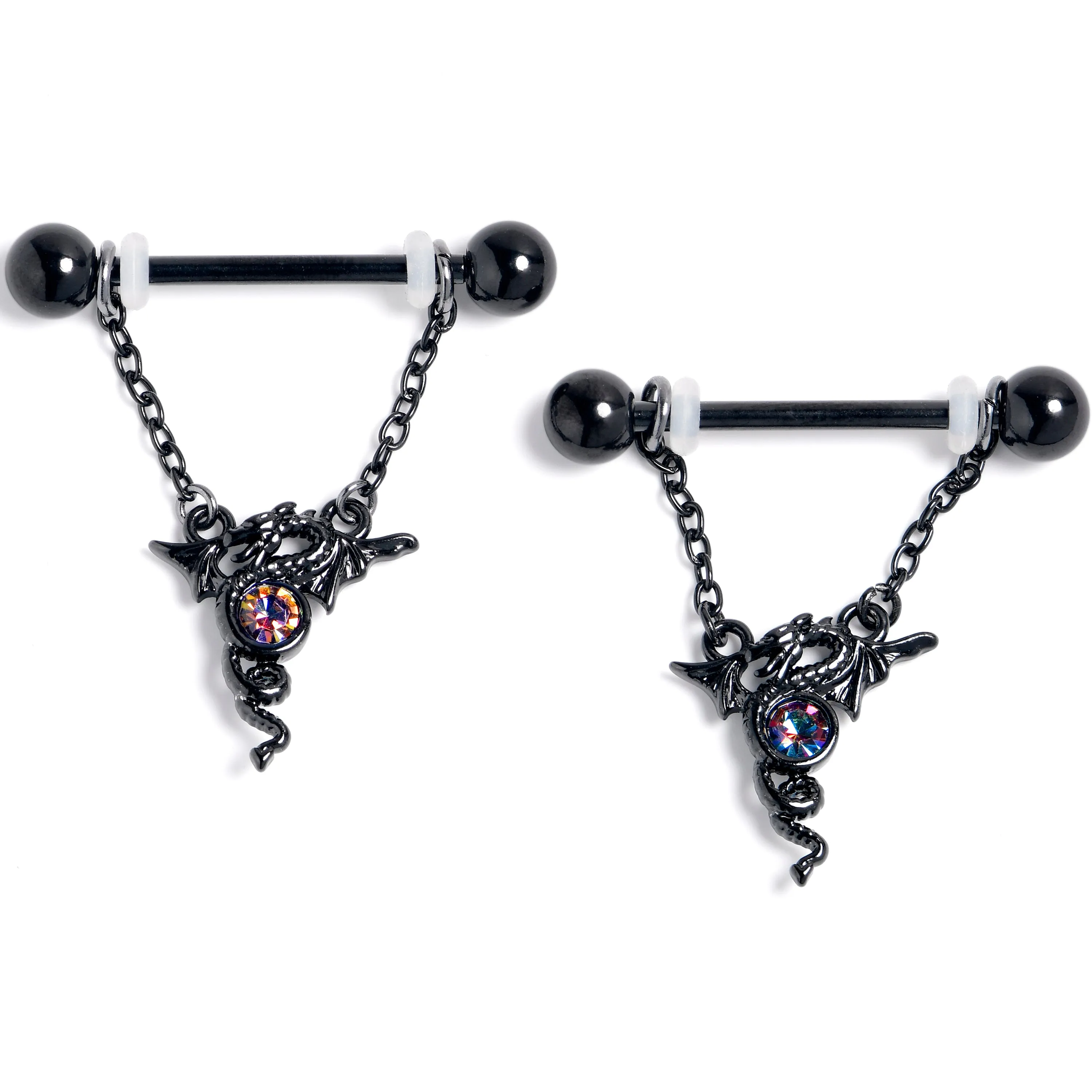 14 Gauge 9/16 Orange Gem Black Majestic Dragon Dangle Nipple Ring Set