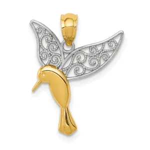 14K Gold & Rhodium Hummingbird Filigree Pendant  Polished, Elegant Design