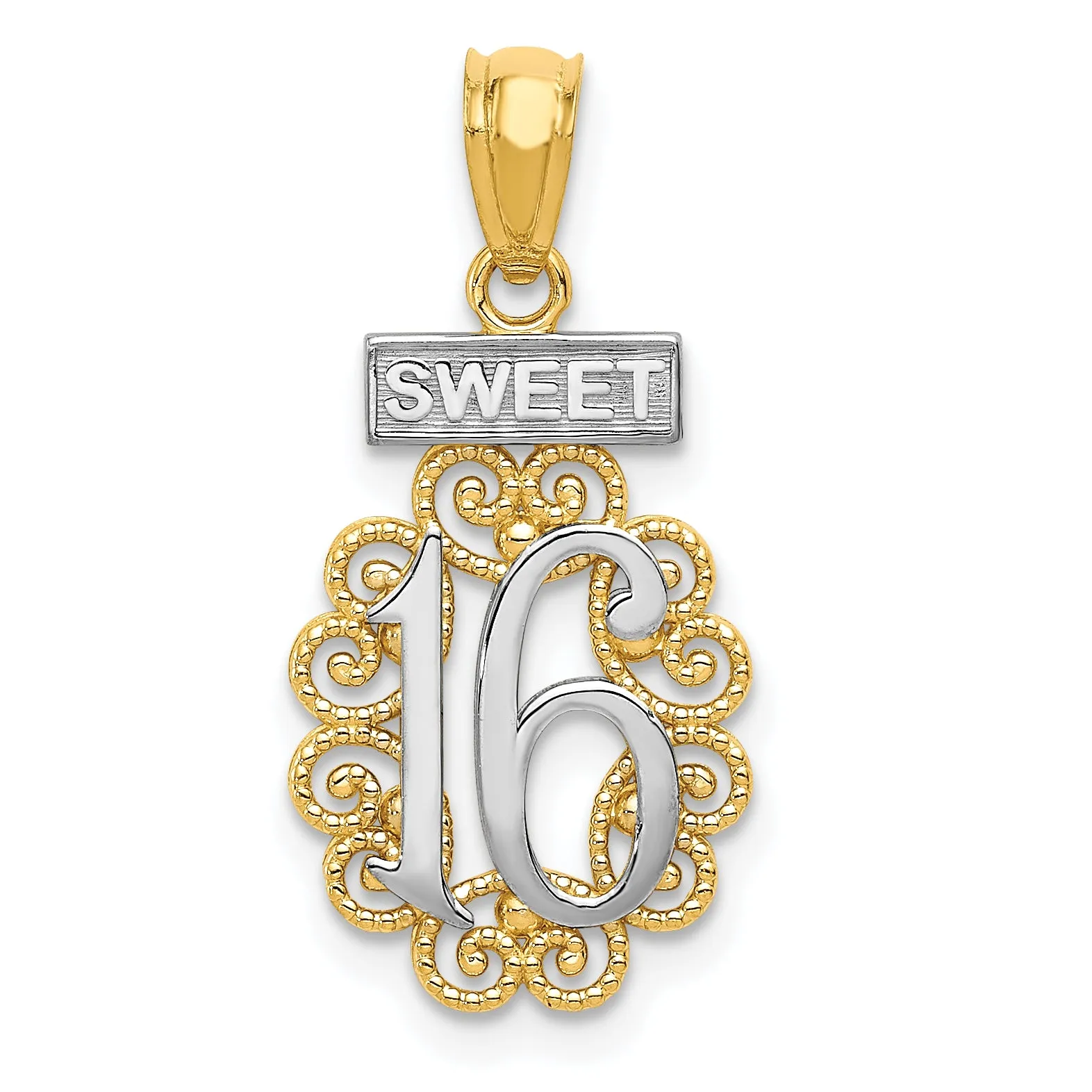 14K Gold and Rhodium Sweet 16 Filigree Pendant  Polished, Elegant Design