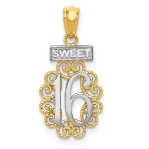 14K Gold and Rhodium Sweet 16 Filigree Pendant  Polished, Elegant Design