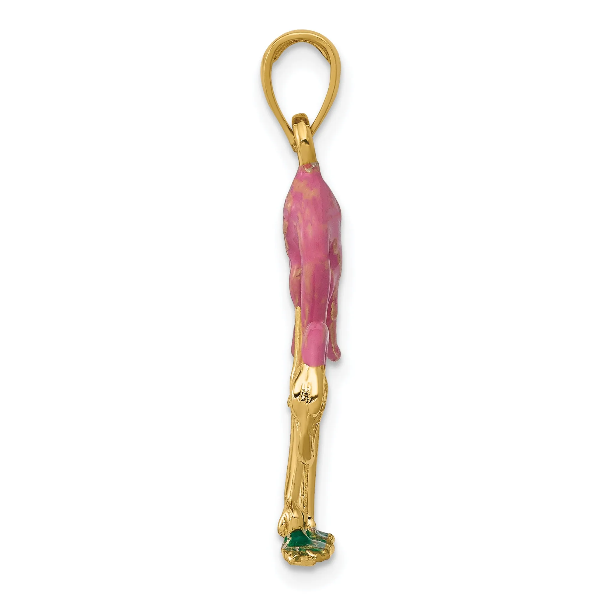 14K Gold Enameled 3D Pink Flamingo Pendant Polished Finish