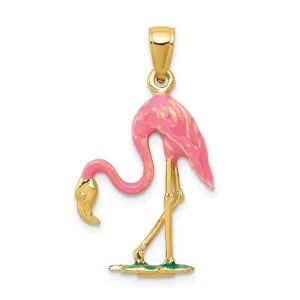 14K Gold Enameled 3D Pink Flamingo Pendant Polished Finish