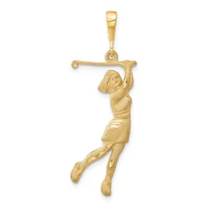 14K Gold Female Golfer Pendant with Satin Brushed Finish