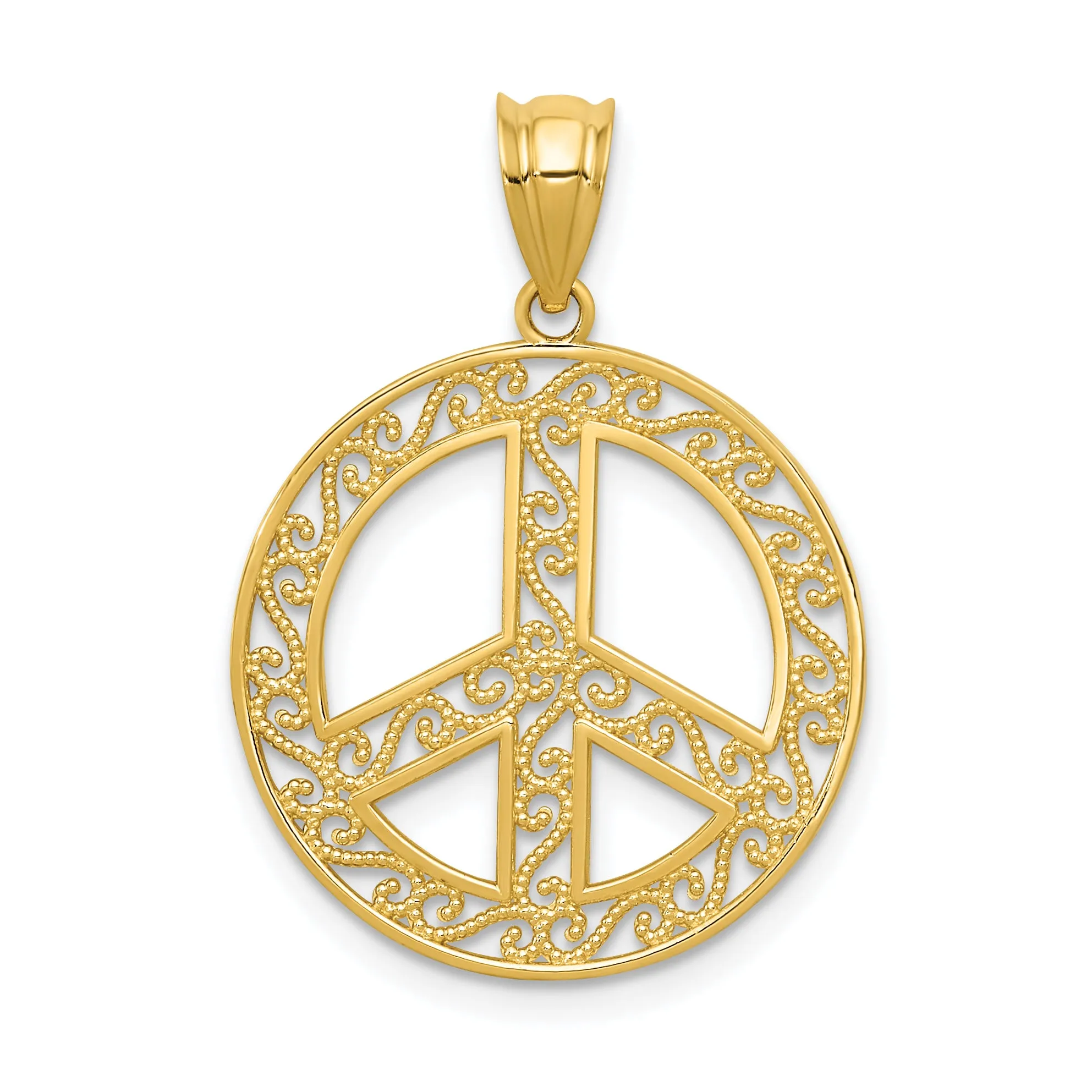 14K Gold Filigree Peace Sign Pendant with Polished Finish