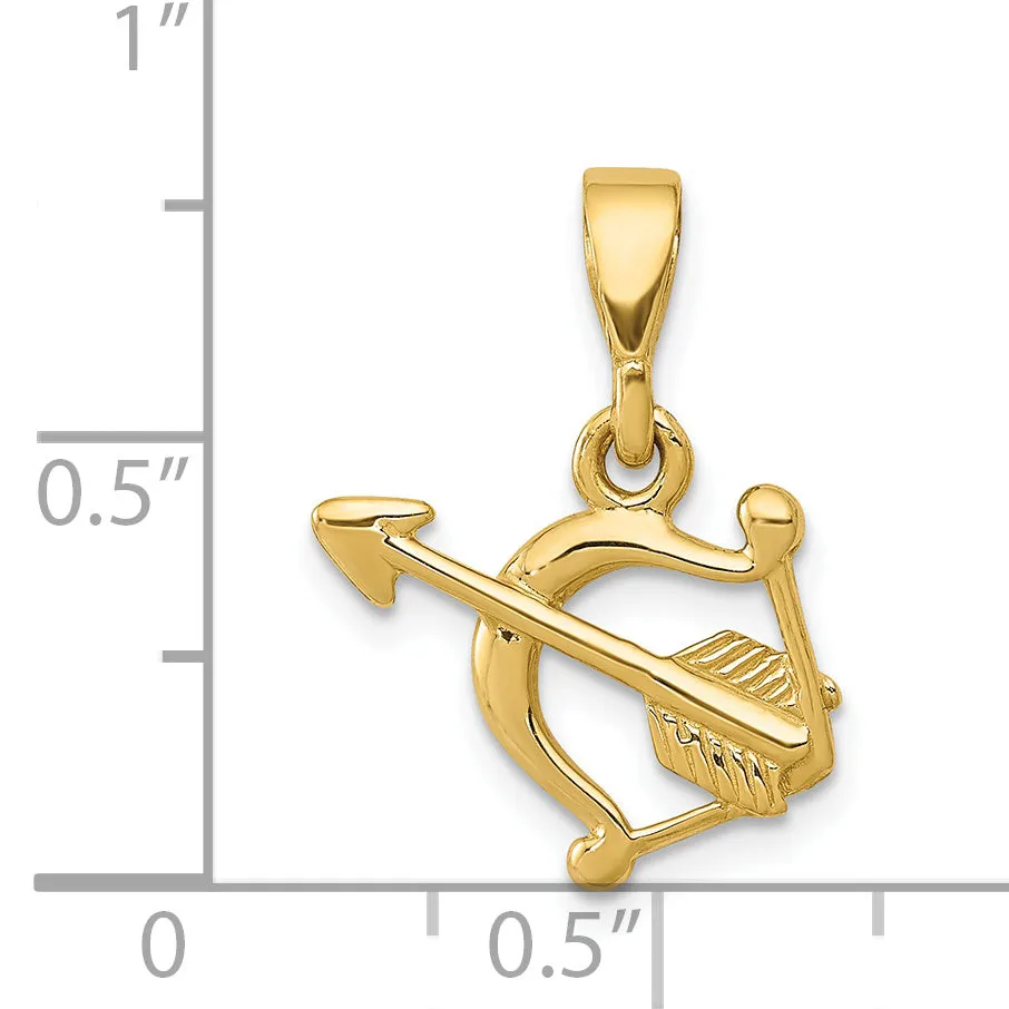 14K Gold Polished 3D Bow and Arrow Pendant  Elegant, Solid Design