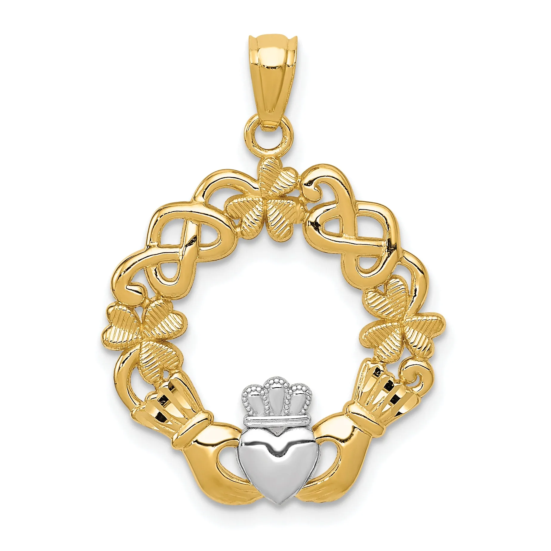 14K Gold Rhodium Claddagh Pendant for Men  Polished, Textured Solid Design