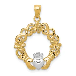 14K Gold Rhodium Claddagh Pendant for Men  Polished, Textured Solid Design
