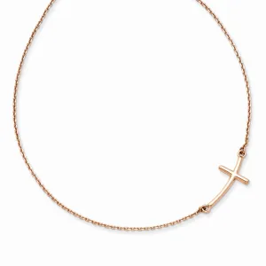 14K Rose Gold Curved Cross Necklace with Side Stones, Elegant Design