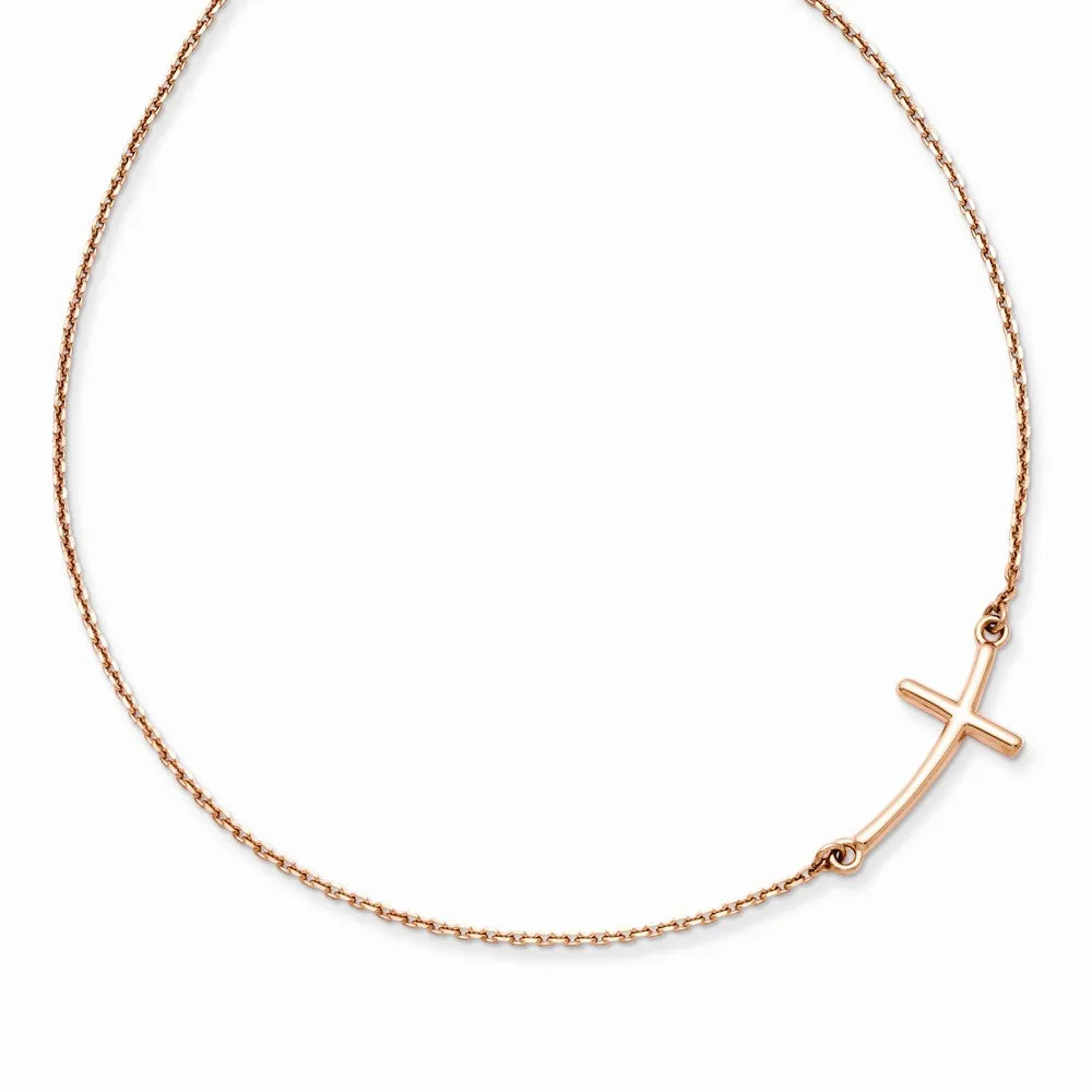 14K Rose Gold Curved Cross Necklace with Side Stones, Elegant Design