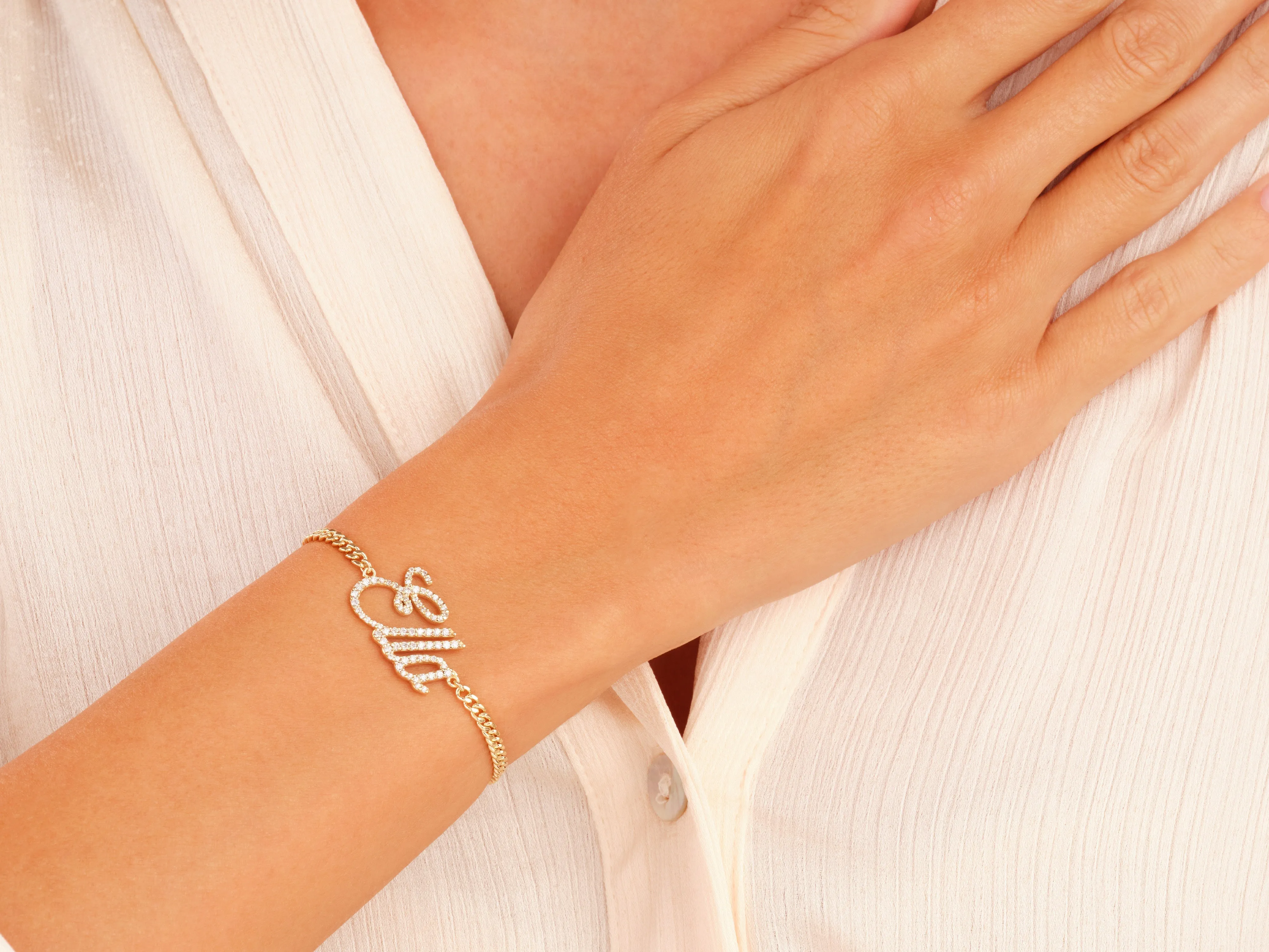 14k Solid Gold Cuban Chain Diamond Name Bracelet