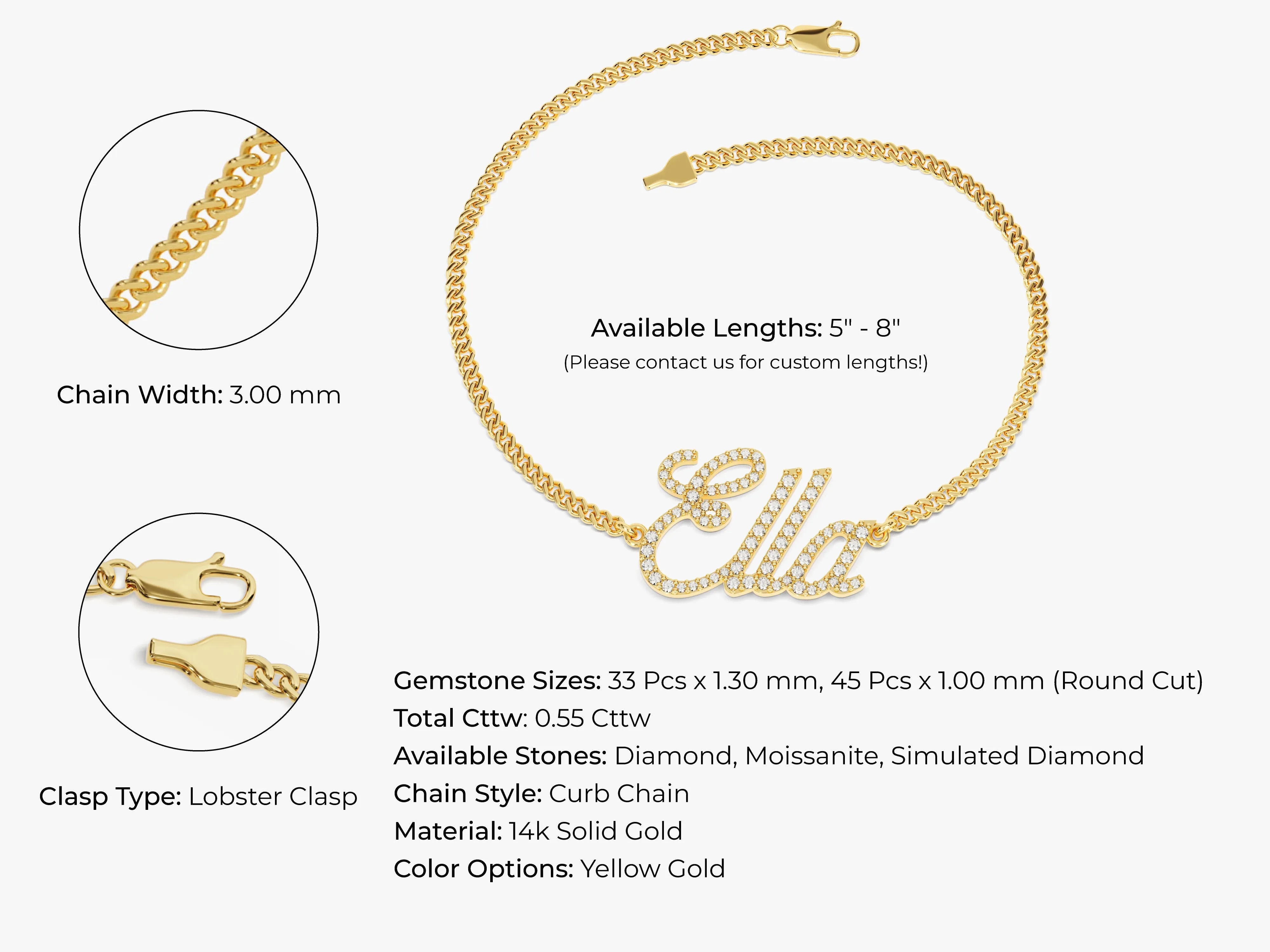 14k Solid Gold Cuban Chain Diamond Name Bracelet