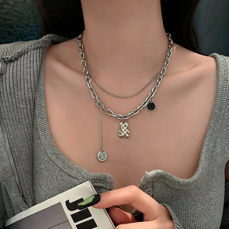 2021 Trend New Design Exquisite Bear Double Necklace For Women Necklace Smiley Necklace Korea Smile Birthday Gift Jewelry