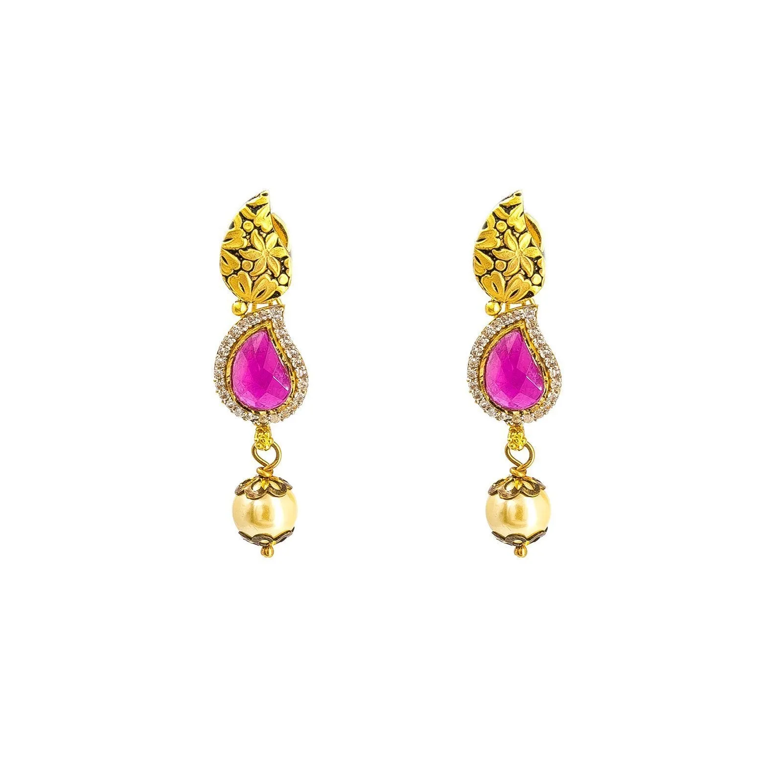 22K Yellow Gold Antique Necklace & Earrings Set W/ Mango Rubies, CZ & Drop Pearl