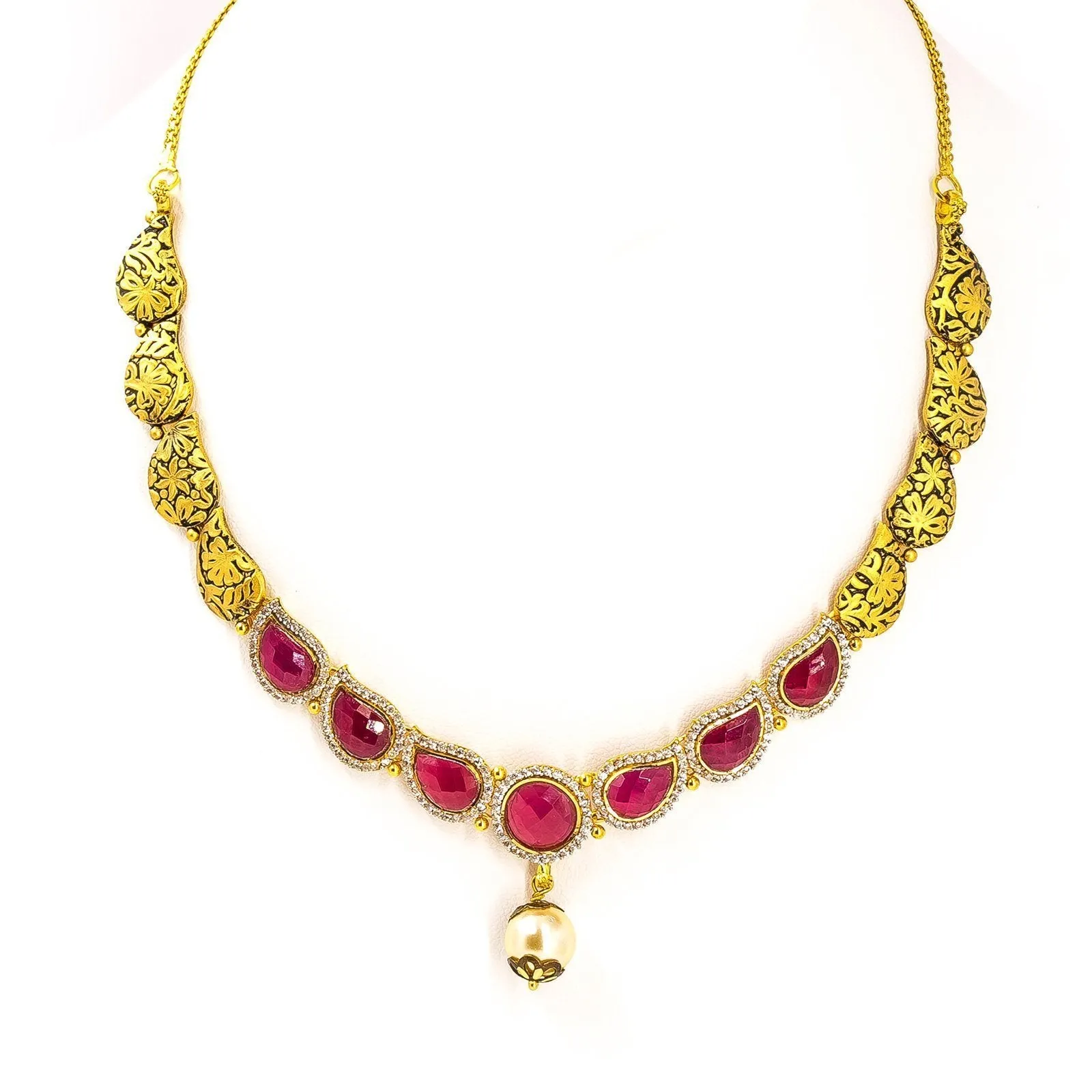 22K Yellow Gold Antique Necklace & Earrings Set W/ Mango Rubies, CZ & Drop Pearl