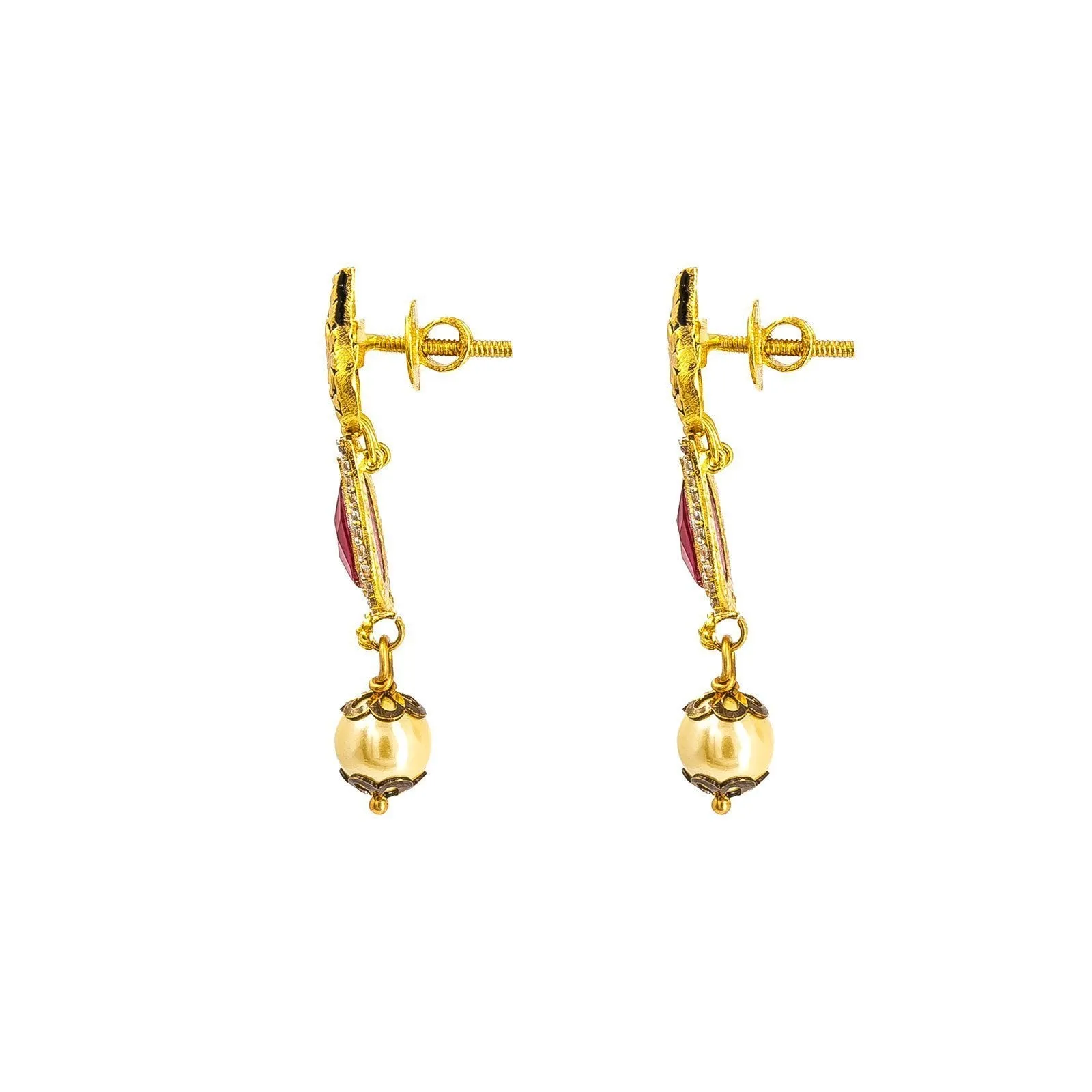 22K Yellow Gold Antique Necklace & Earrings Set W/ Mango Rubies, CZ & Drop Pearl