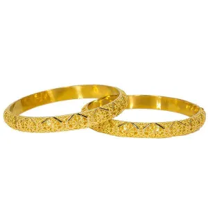 22K Yellow Gold Bangles Set of 2 W/ Detailed Hollow Domed Band & Beaded Filigree, 30.9 gm