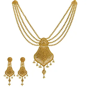 22K Yellow Gold Necklace & Earrings Set W/ Scallop Pendants & Multi Ball Strands