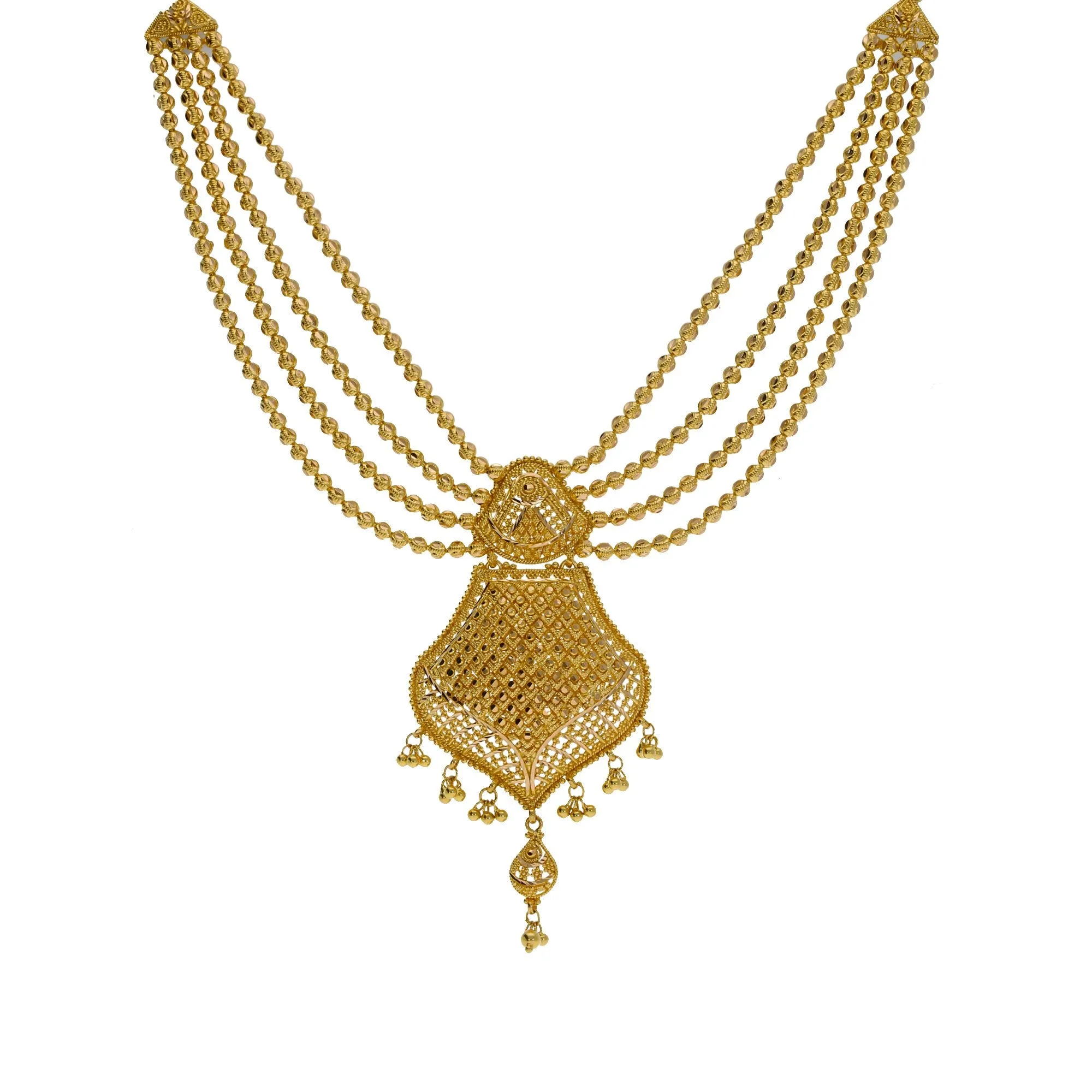 22K Yellow Gold Necklace & Earrings Set W/ Scallop Pendants & Multi Ball Strands