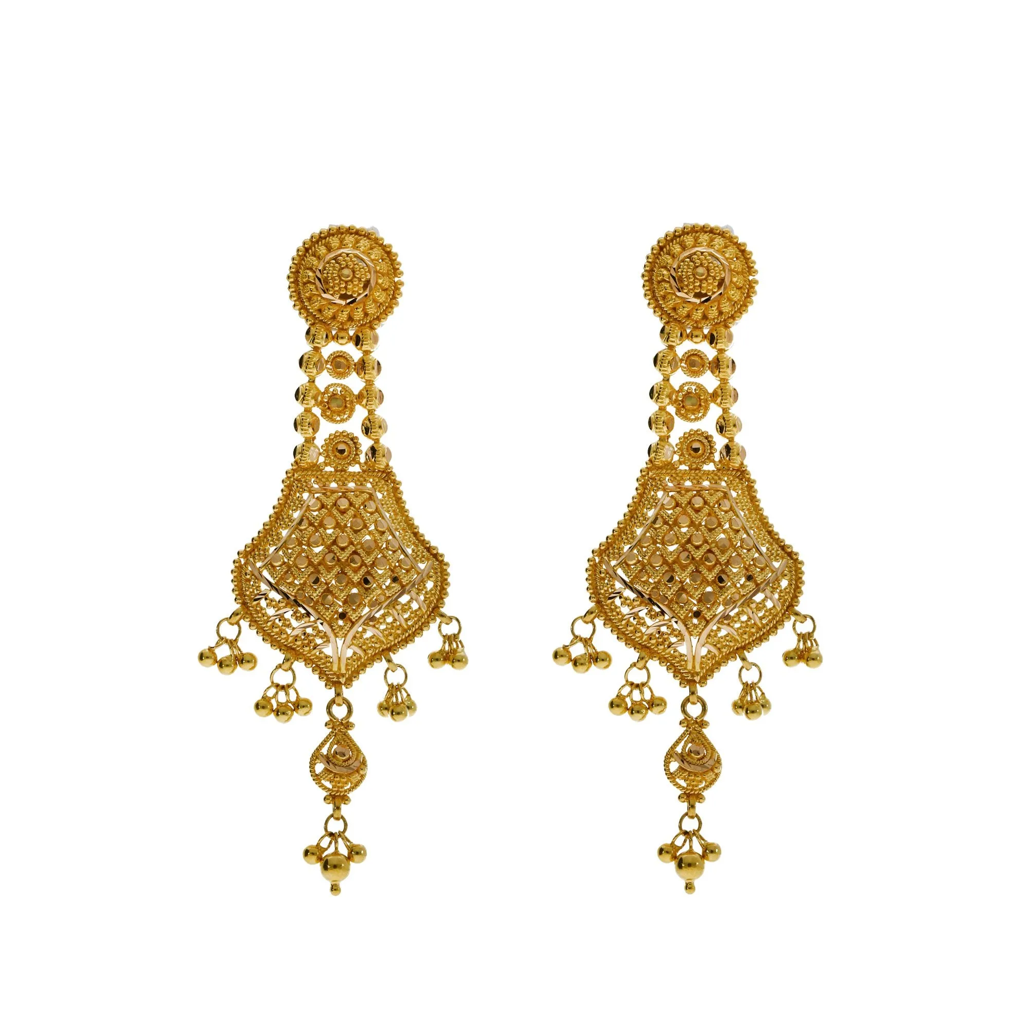 22K Yellow Gold Necklace & Earrings Set W/ Scallop Pendants & Multi Ball Strands