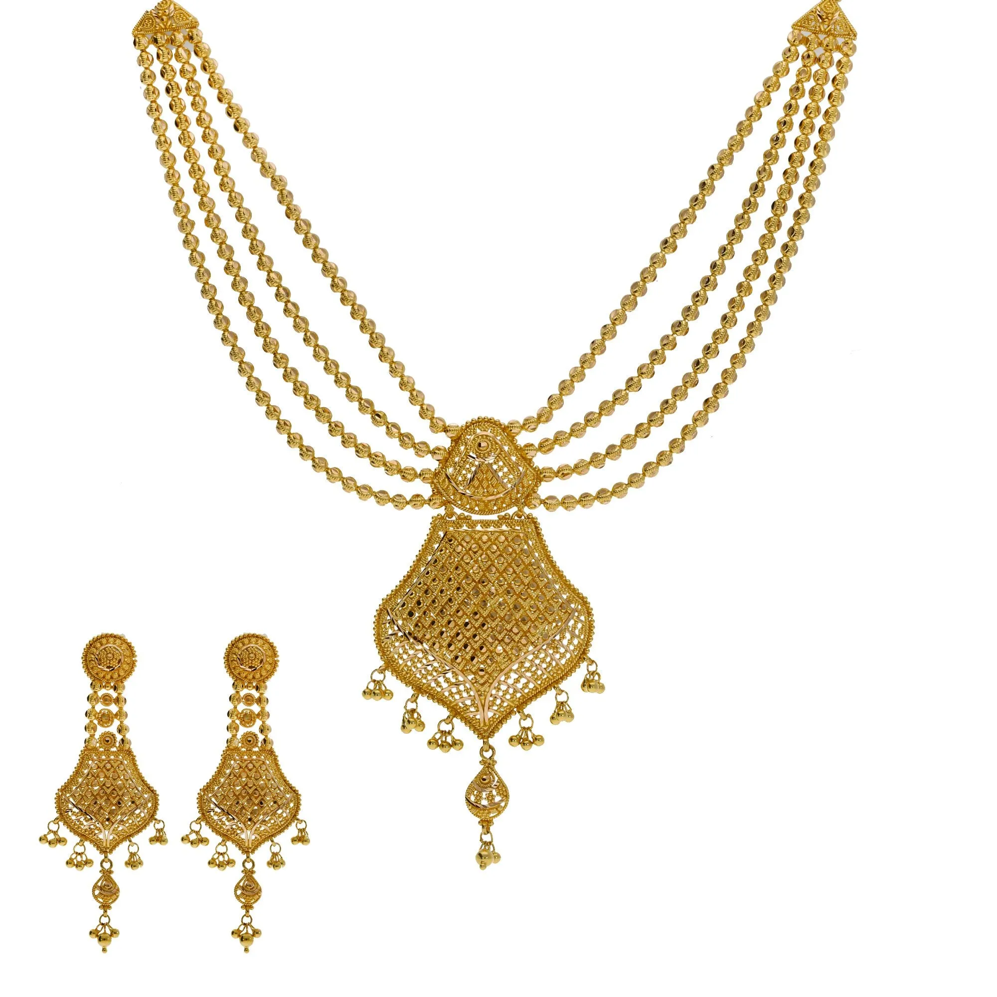 22K Yellow Gold Necklace & Earrings Set W/ Scallop Pendants & Multi Ball Strands