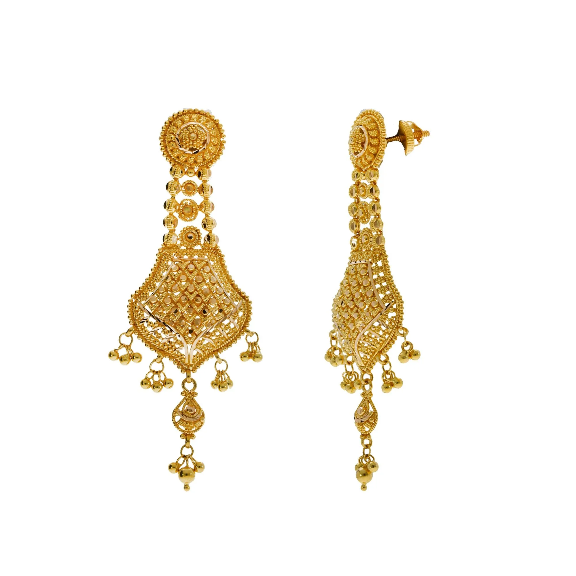 22K Yellow Gold Necklace & Earrings Set W/ Scallop Pendants & Multi Ball Strands