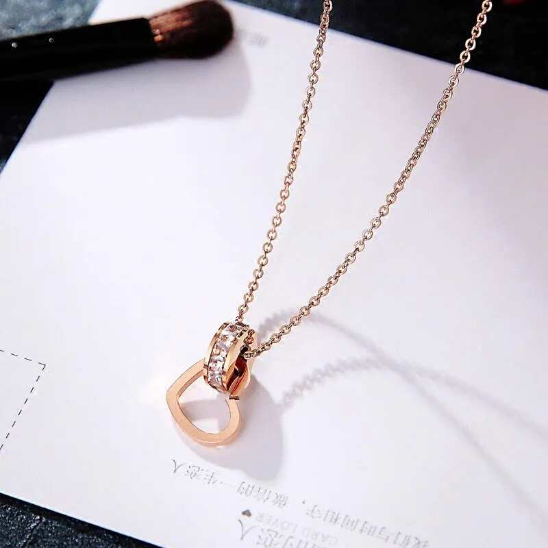 316L Stainless Steel Fashion Fine Jewelry Circle Zircon Love Heart Charms Chain