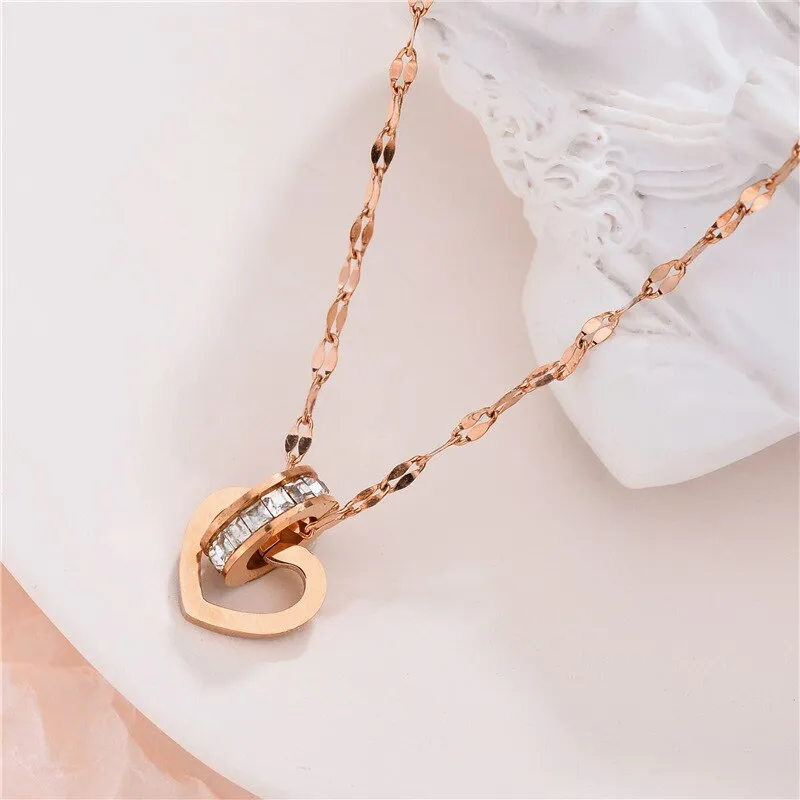 316L Stainless Steel Fashion Fine Jewelry Circle Zircon Love Heart Charms Chain