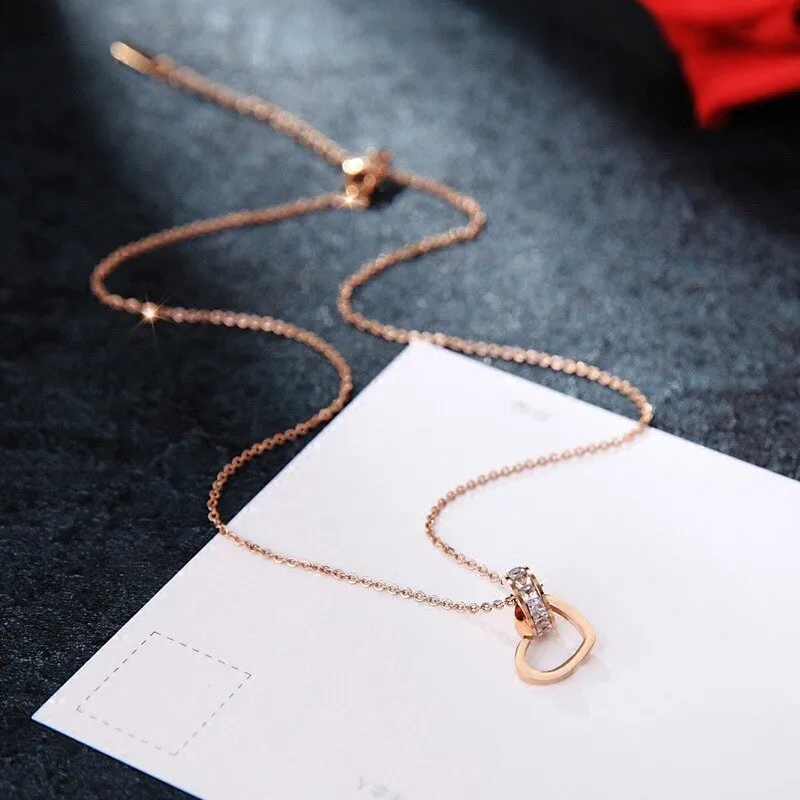 316L Stainless Steel Fashion Fine Jewelry Circle Zircon Love Heart Charms Chain