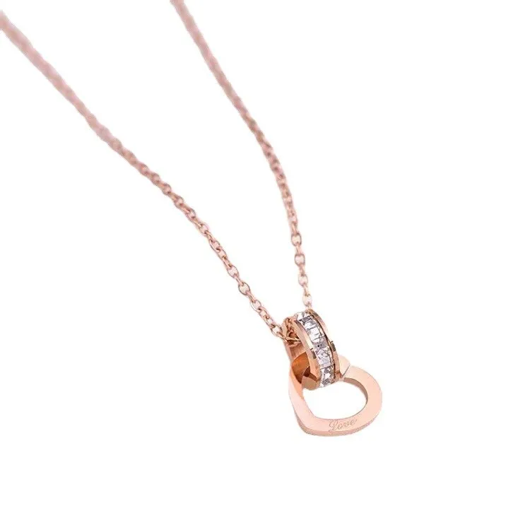 316L Stainless Steel Fashion Fine Jewelry Circle Zircon Love Heart Charms Chain