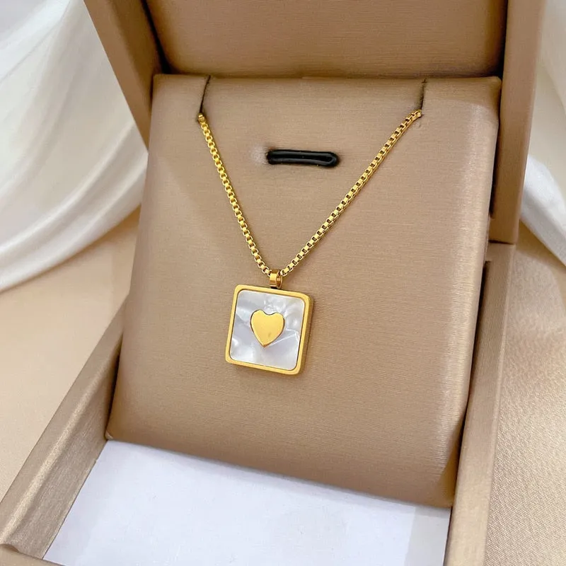 316L Stainless Steel Gold Silver Color Square Heart Pendant Necklace For Women