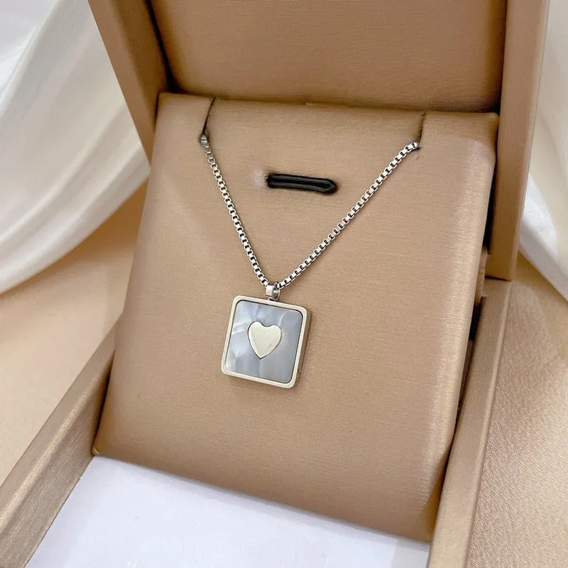 316L Stainless Steel Gold Silver Color Square Heart Pendant Necklace For Women