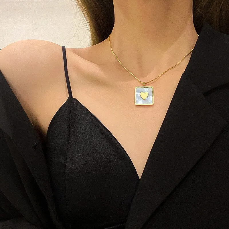 316L Stainless Steel Gold Silver Color Square Heart Pendant Necklace For Women