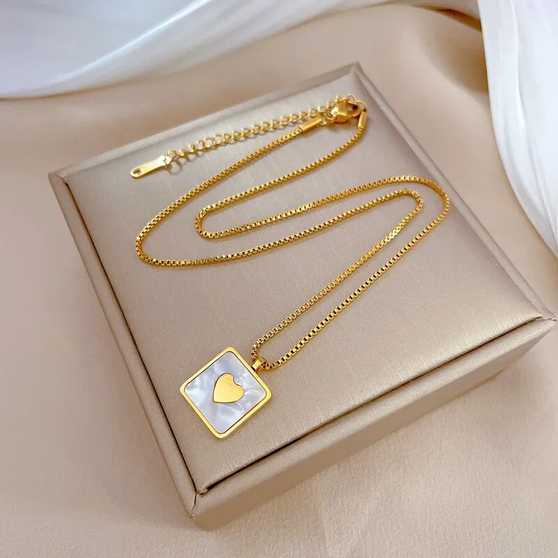 316L Stainless Steel Gold Silver Color Square Heart Pendant Necklace For Women