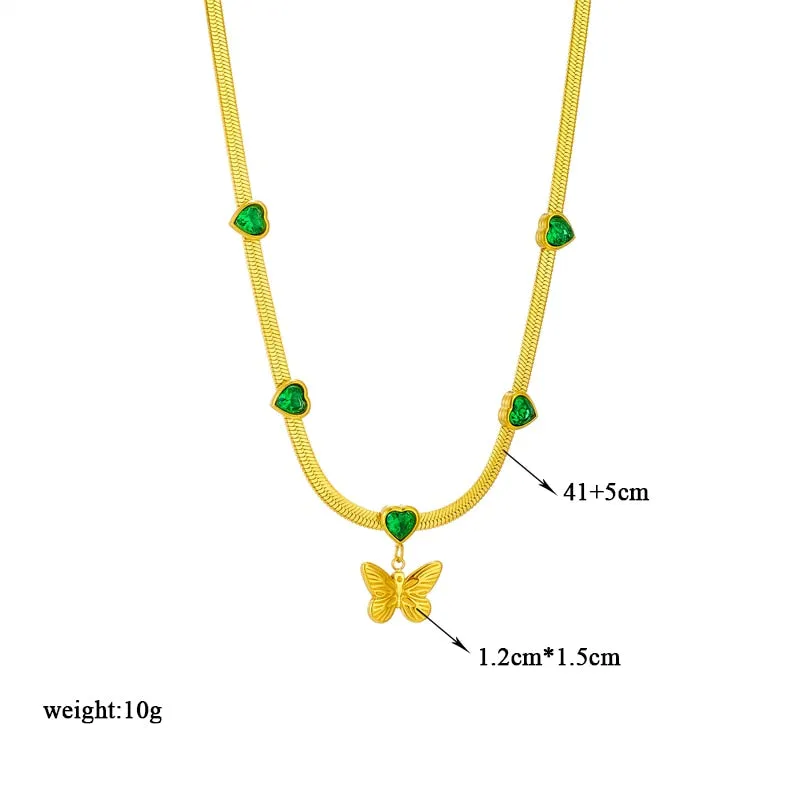 316L Stainless Steel Heart White Green Zircon Butterfly Pendant Necklace For Women