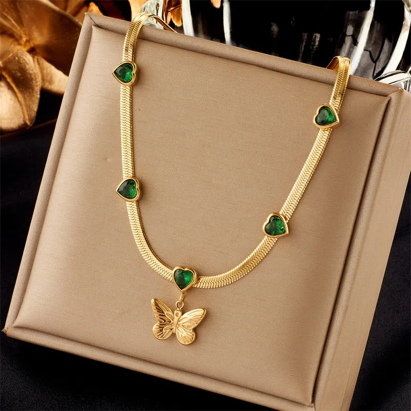 316L Stainless Steel Heart White Green Zircon Butterfly Pendant Necklace For Women