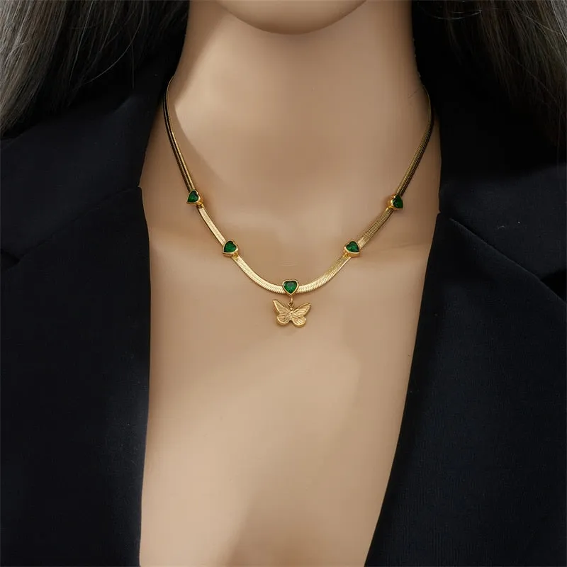 316L Stainless Steel Heart White Green Zircon Butterfly Pendant Necklace For Women