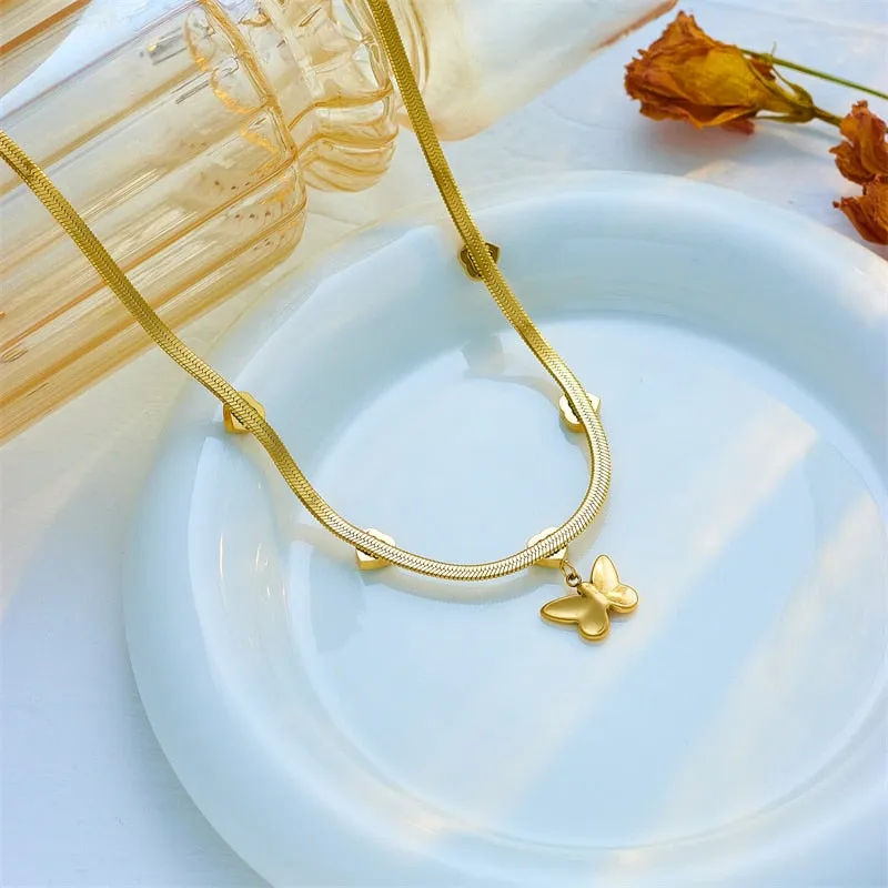 316L Stainless Steel Heart White Green Zircon Butterfly Pendant Necklace For Women