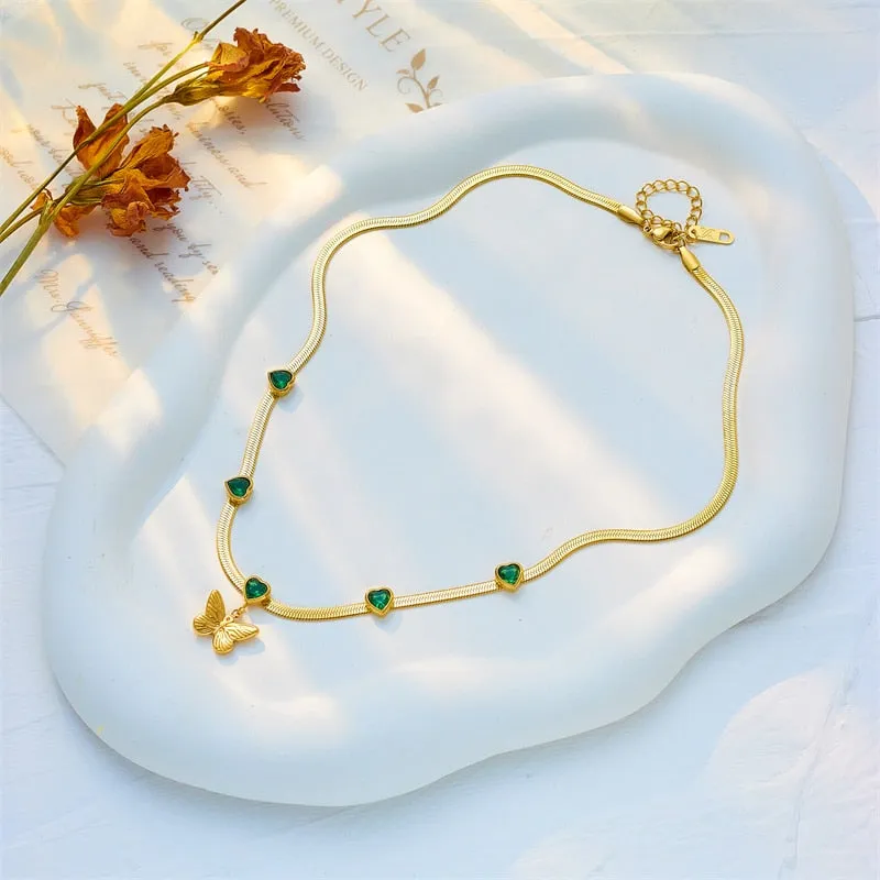 316L Stainless Steel Heart White Green Zircon Butterfly Pendant Necklace For Women