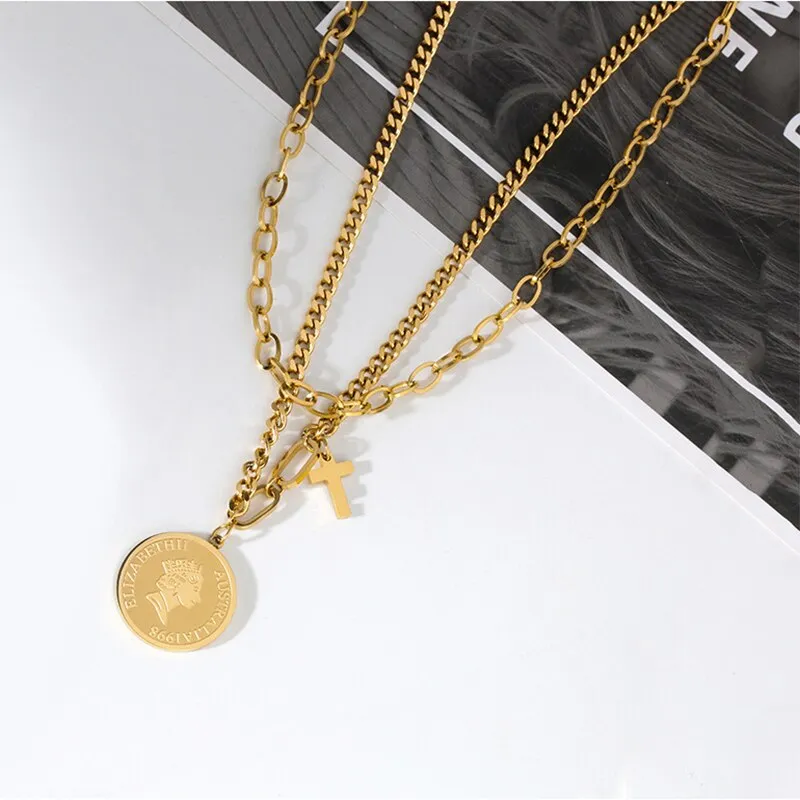 316L Stainless Steel Korea Style Roman Portrait Double-layer Retro Necklace