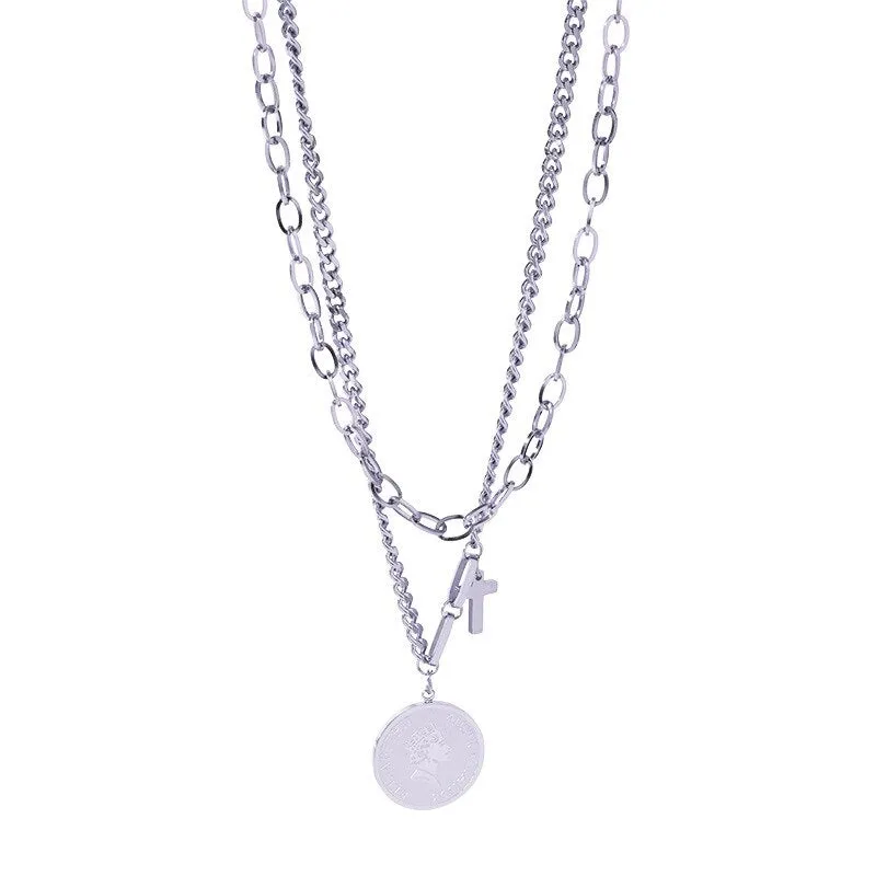 316L Stainless Steel Korea Style Roman Portrait Double-layer Retro Necklace