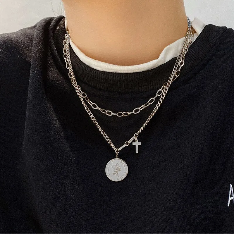 316L Stainless Steel Korea Style Roman Portrait Double-layer Retro Necklace