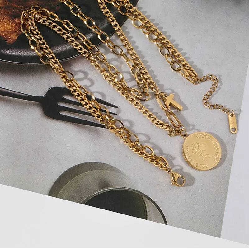 316L Stainless Steel Korea Style Roman Portrait Double-layer Retro Necklace